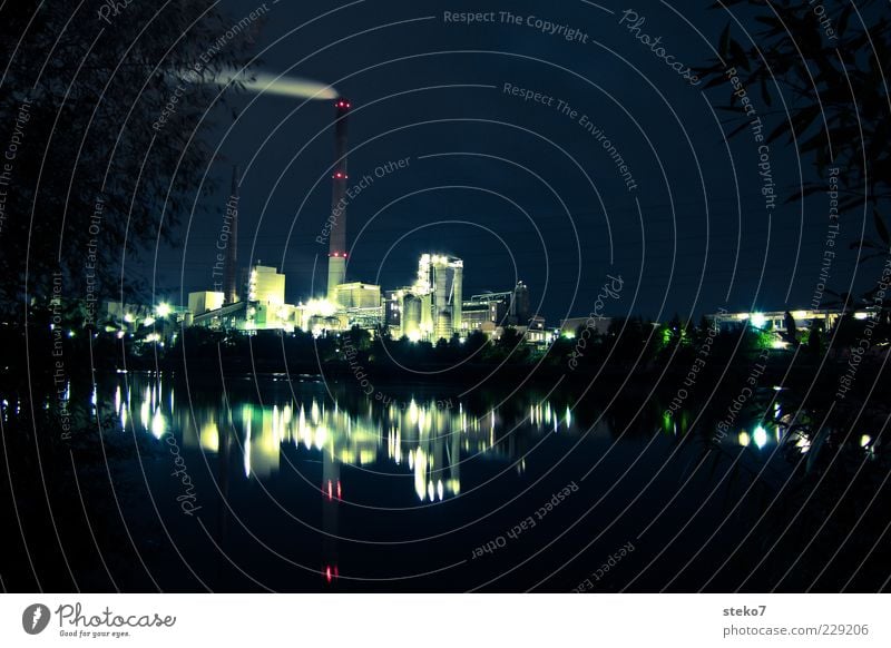 night shift River bank Deserted Industrial plant Factory Chimney Climate Reflection Environmental pollution CO2 emission Smoke Subdued colour Exterior shot