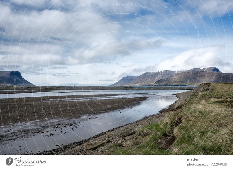 estuary Landscape Sky Clouds Horizon Spring Beautiful weather Mountain Snowcapped peak Coast River bank Beach Fjord Ocean Deserted Gigantic Natural Blue Brown