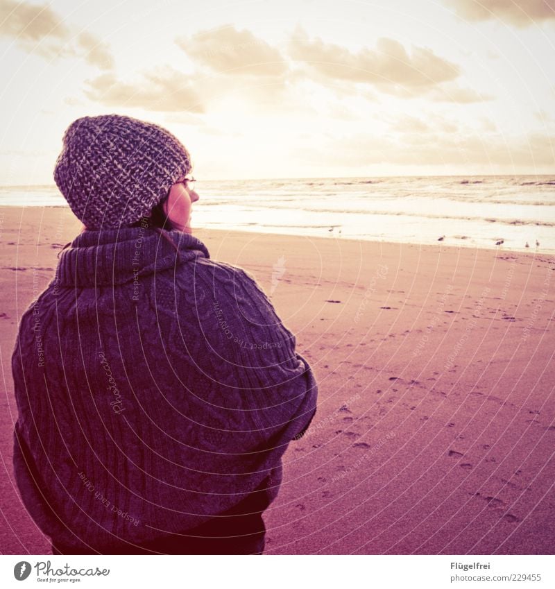 Across the horizon Feminine Young woman Youth (Young adults) 1 Human being Looking Ocean Horizon Far-off places Vintage Beach Vacation & Travel Sky Clouds