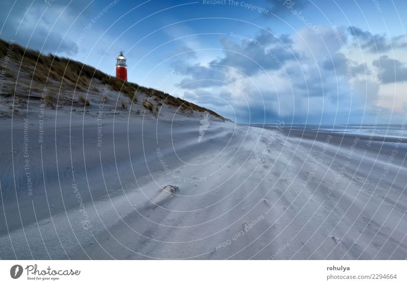 lighthouse by North sea coast in dusk and strong wind Vacation & Travel Beach Ocean Nature Landscape Sand Sky Clouds Horizon Sunrise Sunset Weather Storm Wind