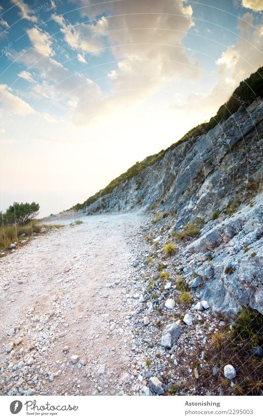 off Environment Nature Landscape Plant Sky Clouds Horizon Sunrise Sunset Sunlight Weather Beautiful weather Bushes Rock Mountain Albania Lanes & trails Stone