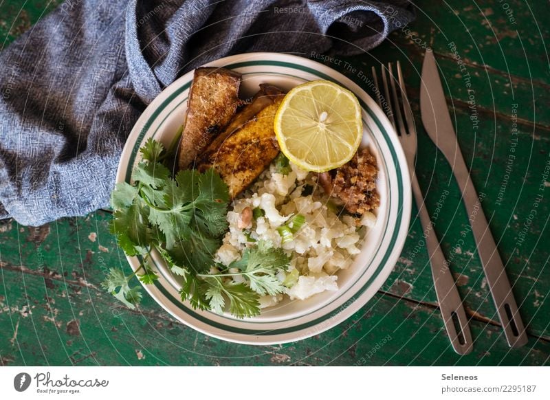 lunch break Food Vegetable Herbs and spices Tofu Lemon Cauliflower Parsley Coriander Nutrition Eating Lunch Dinner Organic produce Vegetarian diet Diet Cutlery