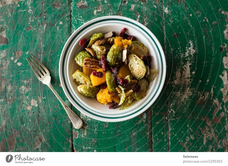 Brussels sprouts salad Food Vegetable Lettuce Salad butternut Pumpkin Cowberry pecan nut Nut Nutrition Eating Lunch Dinner Organic produce Vegetarian diet Diet