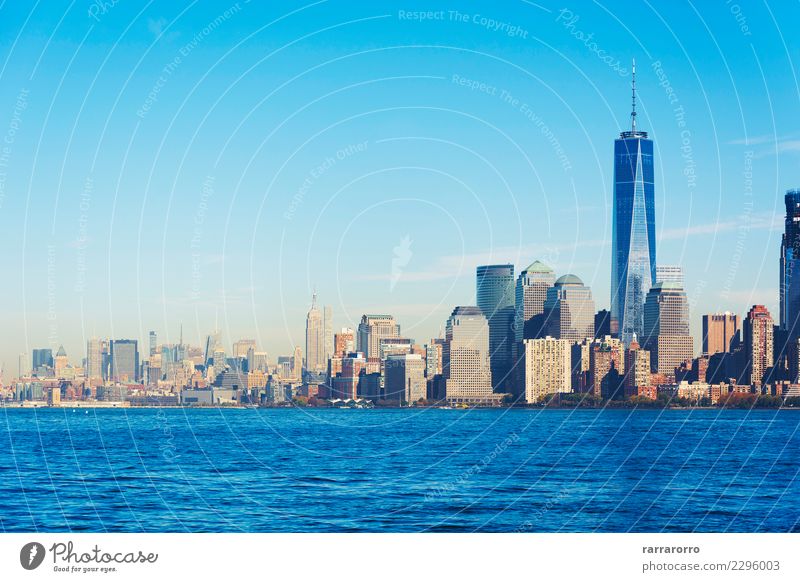 New York landscape skyline viewed from Liberty island Vacation & Travel Tourism Office Business Sky River Town Downtown Skyline High-rise Building Architecture