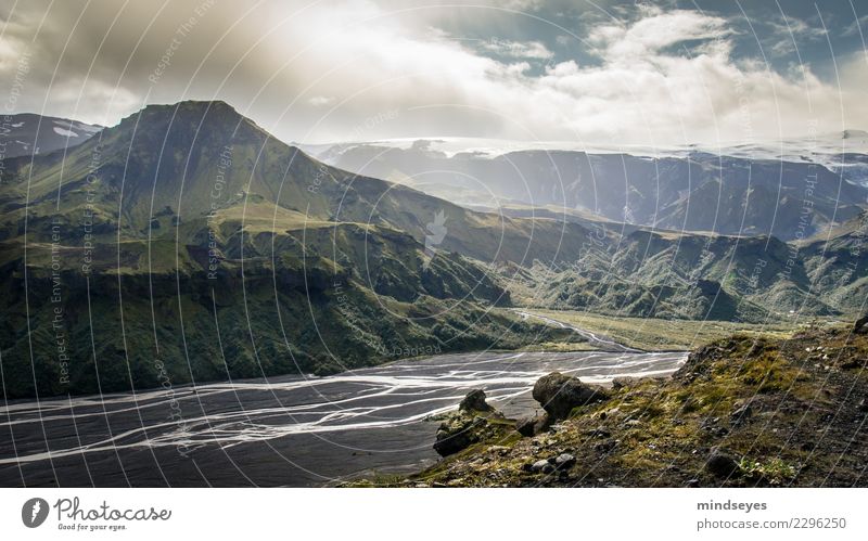 The land of the gods Nature Landscape Elements Earth Sky Clouds Sun Sunlight Beautiful weather Moss Rock Mountain Snowcapped peak Glacier Volcano River bank