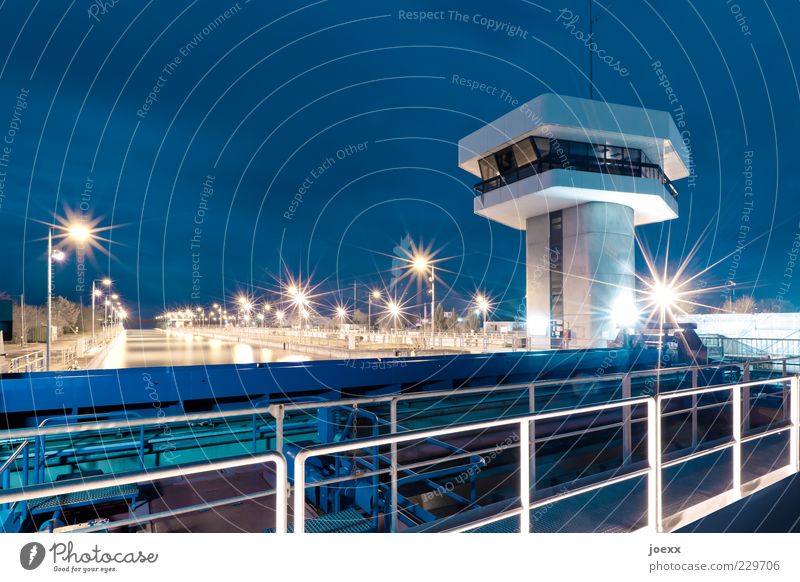 High Position Night sky Tower Navigation Inland navigation Large Bright Blue Rhine Barrage Hydroelectric  power plant Handrail Colour photo Multicoloured