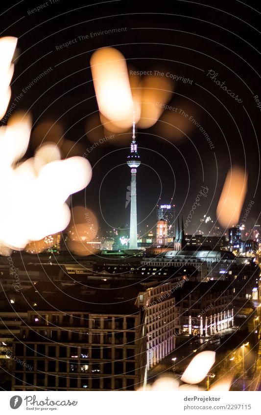 New Year's Eve fireworks with TV tower (historical) II Long shot Central perspective Shallow depth of field Light (Natural Phenomenon) Contrast Shadow