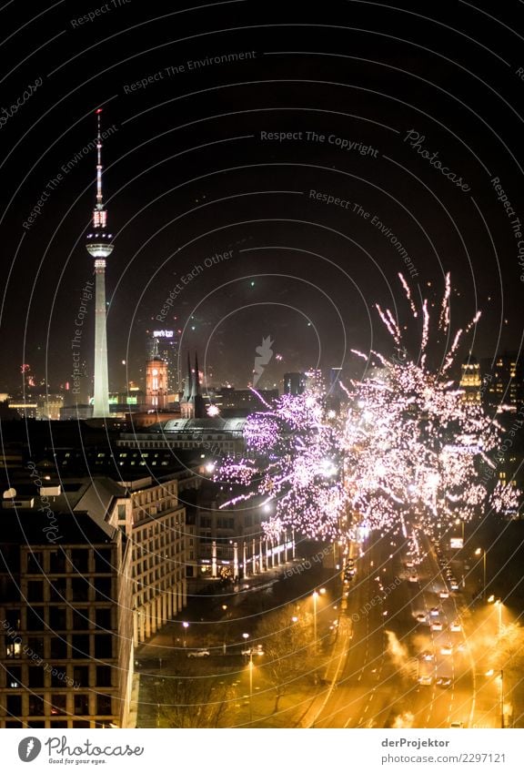 New Year's Eve fireworks with TV tower (historical) I Long shot Central perspective Shallow depth of field Light (Natural Phenomenon) Contrast Shadow