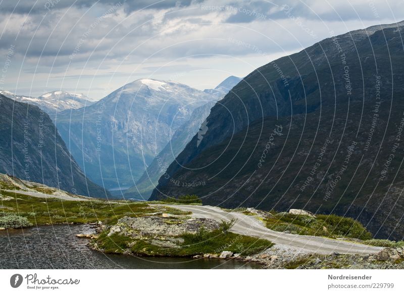 don´t drink and drive Far-off places Mountain Nature Landscape Elements Sky Clouds Climate Snowcapped peak Lake Street Gigantic Moody Norway Colour photo