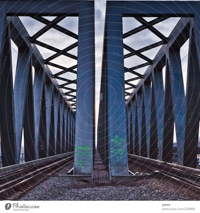 XVVX Bridge Rail transport Railroad tracks Steel Sharp-edged Blue Gray Railway bridge Colour photo Subdued colour Exterior shot Deserted Twilight Contrast