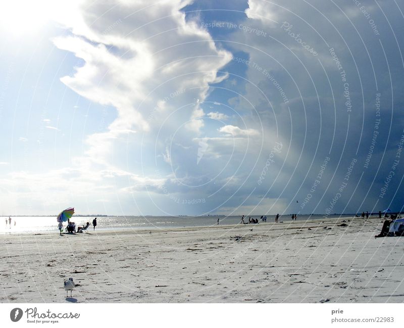 atmosphere of departure Gale Clouds Beach Ocean Sand Umbrella Sun Thunder and lightning