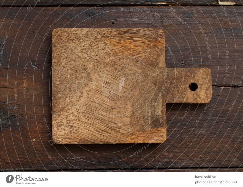 Wooden table and old cutting board, top view, copy space Desk Table Kitchen Old Dark Brown backdrop background cheeseboard chopping cooking Copy Space empty