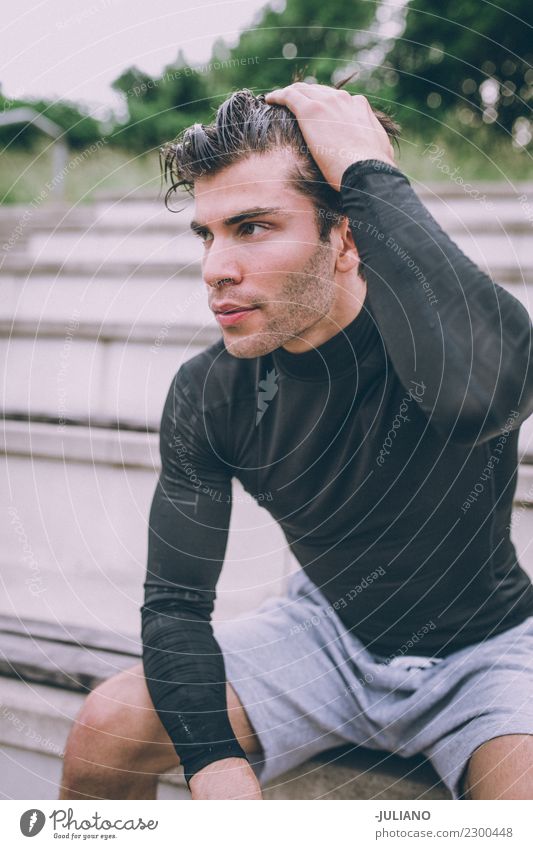 Young sweat sports man sitting on staircase with bottle Drinking water Lifestyle Joy Body Healthy Healthy Eating Health care Athletic Muscular Fitness