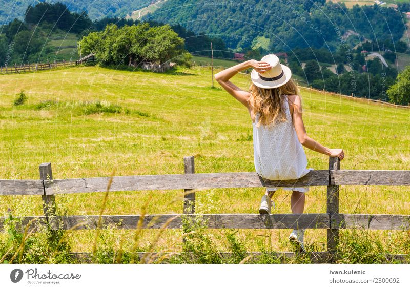 Blonde girl enjoys the view Lifestyle Happy Beautiful Wellness Harmonious Vacation & Travel Trip Adventure Freedom Summer Mountain Hiking Human being Woman