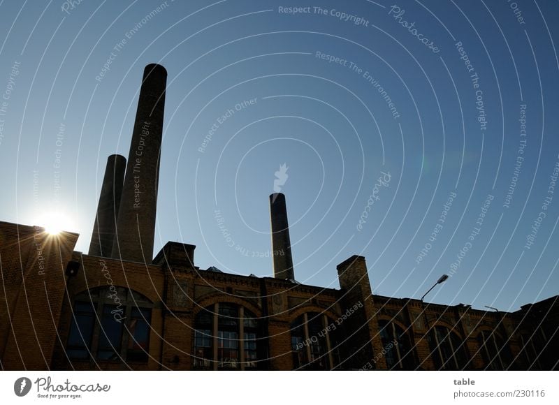 industrial romance Factory Cloudless sky Sun Beautiful weather Industrial plant Facade Window Chimney Illuminate Old Historic Retro Blue Black Hope Nostalgia