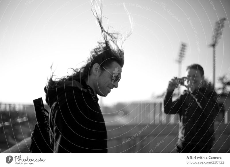 windy affair - to a new one in B/W Human being Masculine Young man Youth (Young adults) Friendship Life Hair and hairstyles 2 30 - 45 years Adults Flying