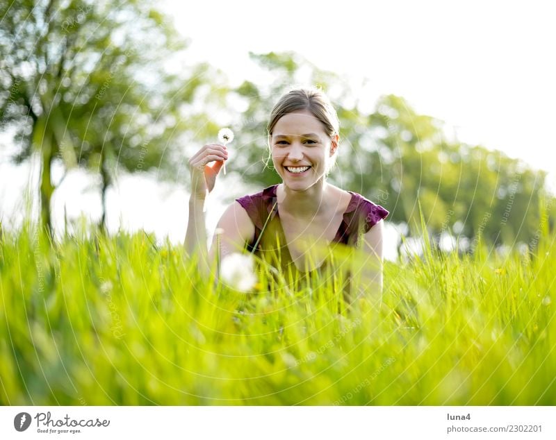 Spring 1 Contentment Relaxation Summer Young woman Youth (Young adults) Woman Adults Nature Plant Flower Meadow To enjoy Laughter Happiness Green