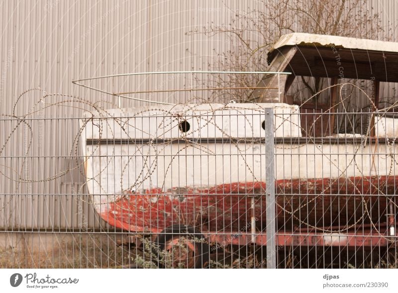 Safe harbour Fishing boat Sport boats Yacht Motorboat Harbour Barbed wire Barbed wire fence Colour photo Subdued colour Exterior shot Deserted Copy Space top