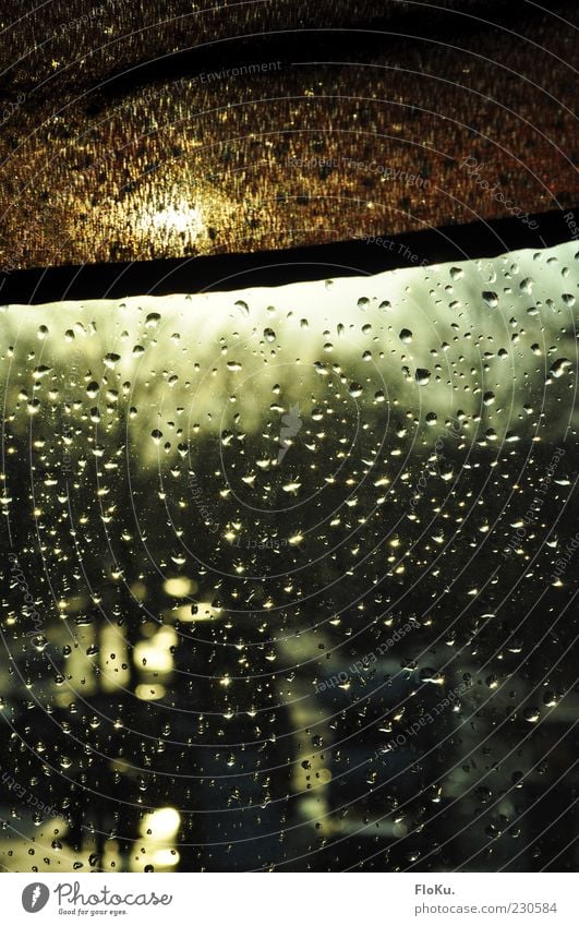 After the rain... Sun Sunrise Sunset Sunlight Rain Window Glittering Wet Brown Window pane Drops of water Roller blind Glass Cloth Colour photo Deserted Evening