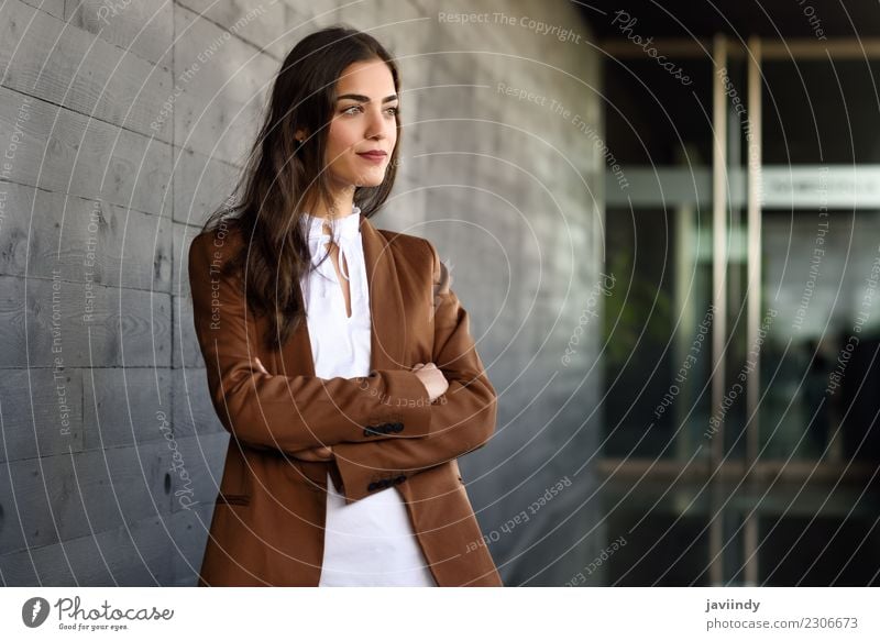 Young businesswoman standing outside of office building Happy Beautiful Hair and hairstyles Workplace Office Business Career Human being Feminine Young woman