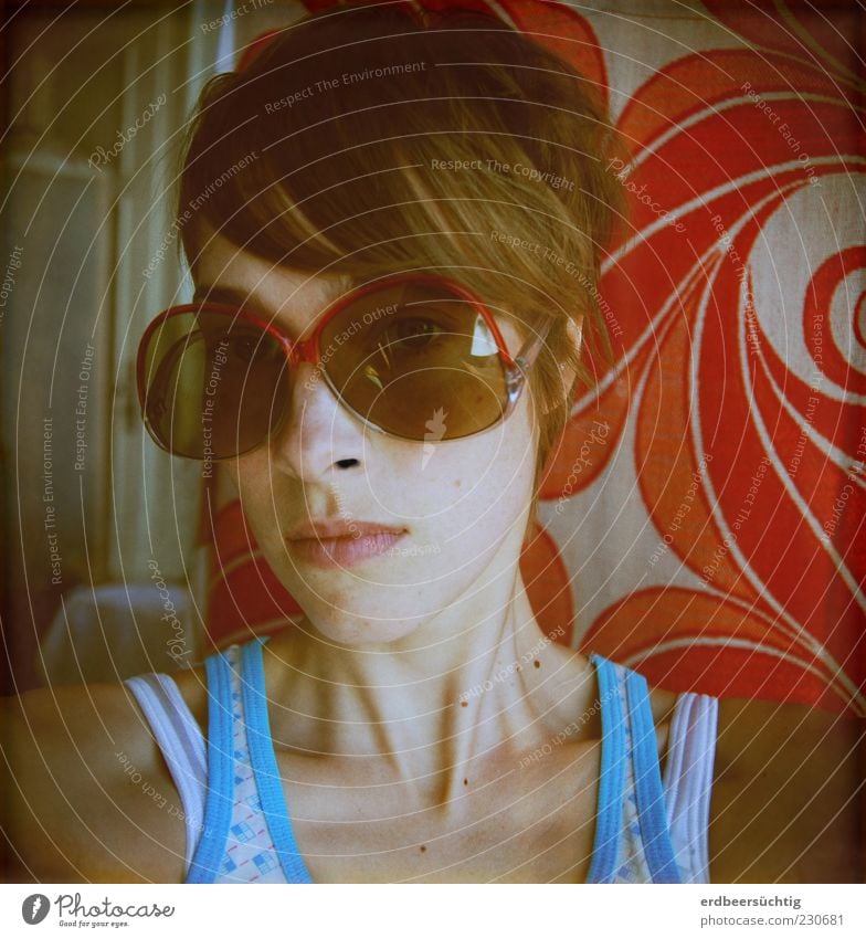 OO - short-haired woman with 60s sunglasses, photographed in retro look Lifestyle Design Young woman Youth (Young adults) Hair and hairstyles Face Neck