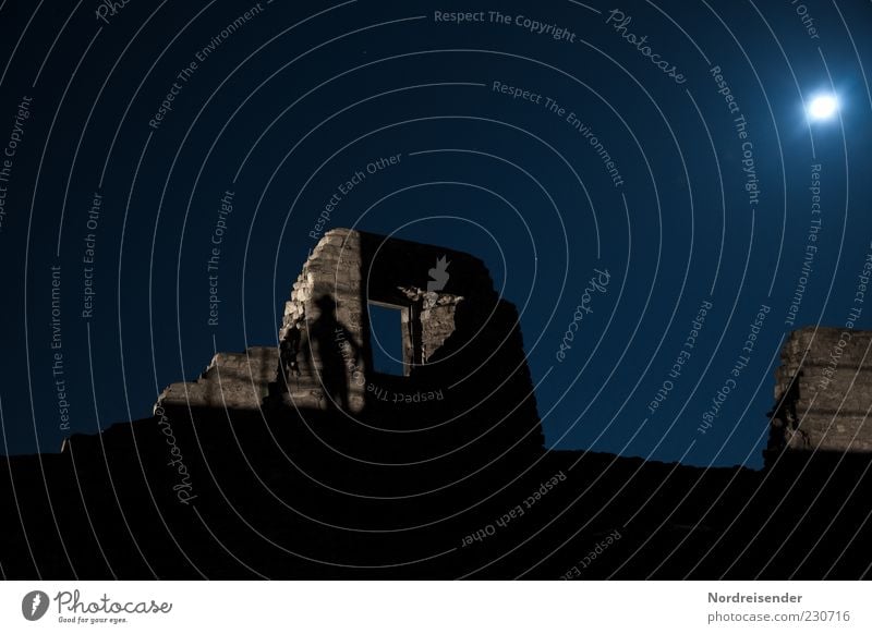 showdown 1 Human being Cloudless sky Moon Full  moon Ruin Manmade structures Architecture Wall (barrier) Wall (building) Hat Stone Sign Observe Glittering