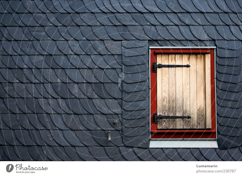 Shut up. House (Residential Structure) Wall (barrier) Wall (building) Facade Window Simple Gray Red Arrangement Calm Divide Environment Slate Wood Shutter