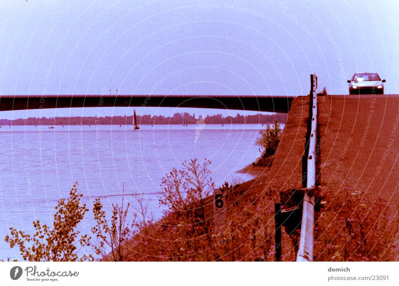 Along the Rhine Driving Crash barrier Sailing Tar Transport Car River Water Bridge Street Coast Blue Landscape