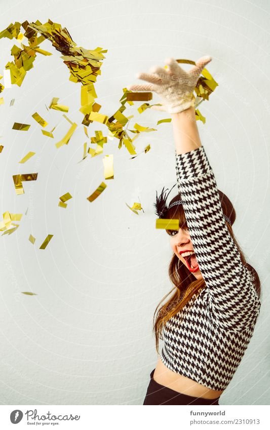 Portrait of woman throwing golden confetti into the air Human being Feminine Woman Adults 1 Throw Showing one's bellybutton Disguised Glitter Ecstasy Confetti