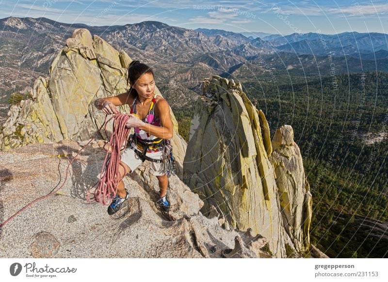 Rock climber clinging to a cliff. Adventure Sports Climbing Mountaineering Success Rope Young woman Youth (Young adults) 1 Human being 18 - 30 years Adults