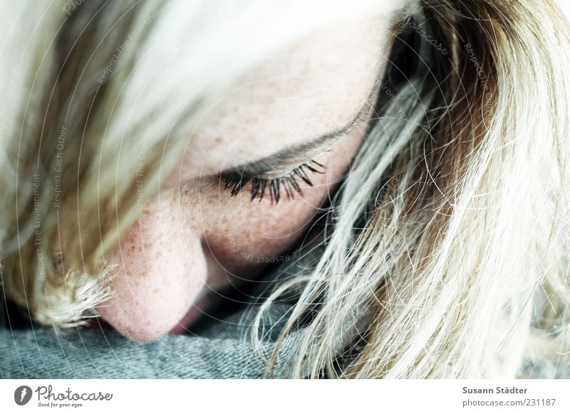 feel. Feminine Head Hair and hairstyles Blonde Bangs Closed eyes Calm Dream Thought Sadness Rag Scarf Strand of hair Eyelash Near Vulnerable Freckles