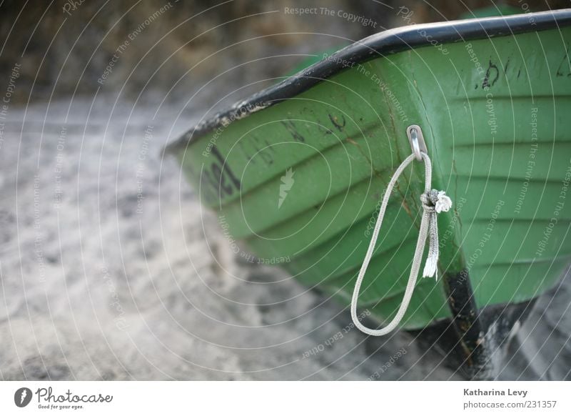 Come on, pull me into the water! Vacation & Travel Summer Beach Green Watercraft Rowboat Fishing boat Rope Derelict Sand Colour photo Exterior shot Deserted