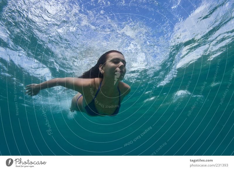 into the blue Dive Swimming & Bathing Woman Vacation & Travel Headfirst dive Bikini Summer Water Ocean Surface of water Mauritius Thin Colour photo