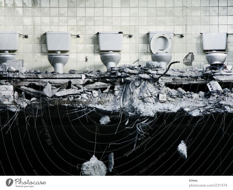 Public toilets Deserted Wall (barrier) Wall (building) Sit Dark Broken Cleanliness Bizarre Chaos Disaster Destruction Toilet Building rubble Dismantling