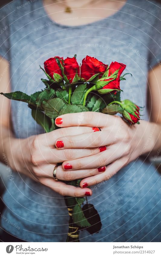 young woman holding bouquet of red roses in her hands, valentines day, mother's day, gift Joy Valentine's Day Human being Feminine Young woman