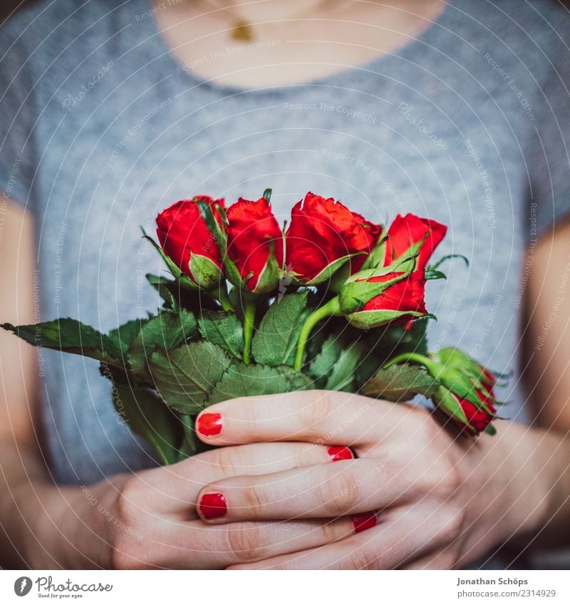 young woman holding bouquet of red roses in her hands, valentines day, mother's day, gift Joy Valentine's Day Woman Adults Friendship Hand Flower pink