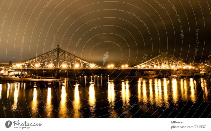 The blue miracle Manmade structures Tourist Attraction Landmark Monument Bridge Water Illuminate Wet Blue Yellow Dresden Elbe River Lantern Refraction Steel