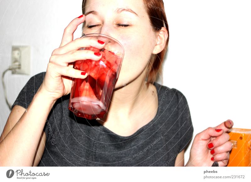 enjoy me! Mixer Orange Cheek Kitchen Face Lick To enjoy Punch Beverage Drinking Juice Fruit Strawberry Red Fingers Hand Closed eyes Candy Neutral Background