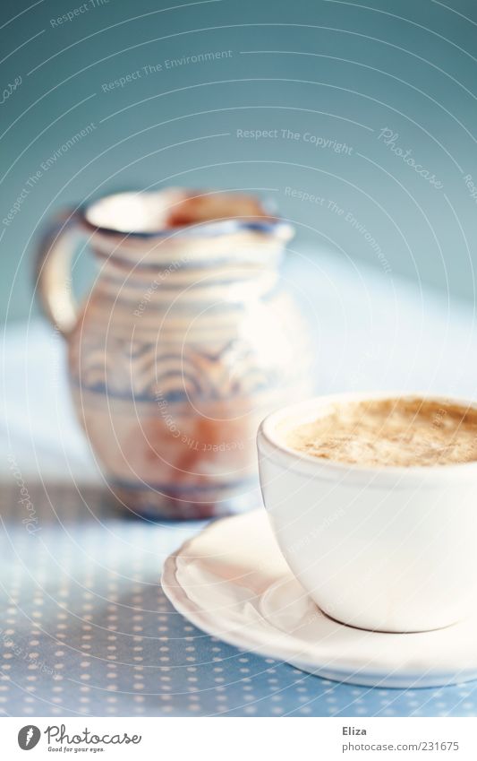 Good morning Hot drink Coffee Delicious Jug Pottery Cup Spotted Blue Vintage Bright Colour photo Interior shot Copy Space top Morning Shallow depth of field