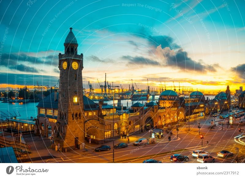 Hamburg evening skyline Town Port City Downtown Old town Skyline Manmade structures Building Architecture Tourist Attraction Vacation & Travel Landungsbrücken