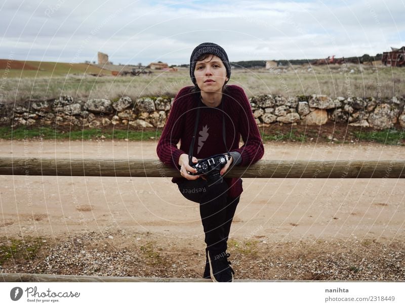 young woman with her camera outdoors in a winter day Lifestyle Style Leisure and hobbies Vacation & Travel Tourism Expedition Human being Feminine Androgynous