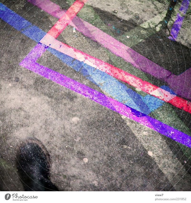 footage Clothing Footwear Boots Concrete Line Stripe Old Modern Rebellious Violet Pink Bizarre Design Colour Colour photo Exterior shot Detail Pattern