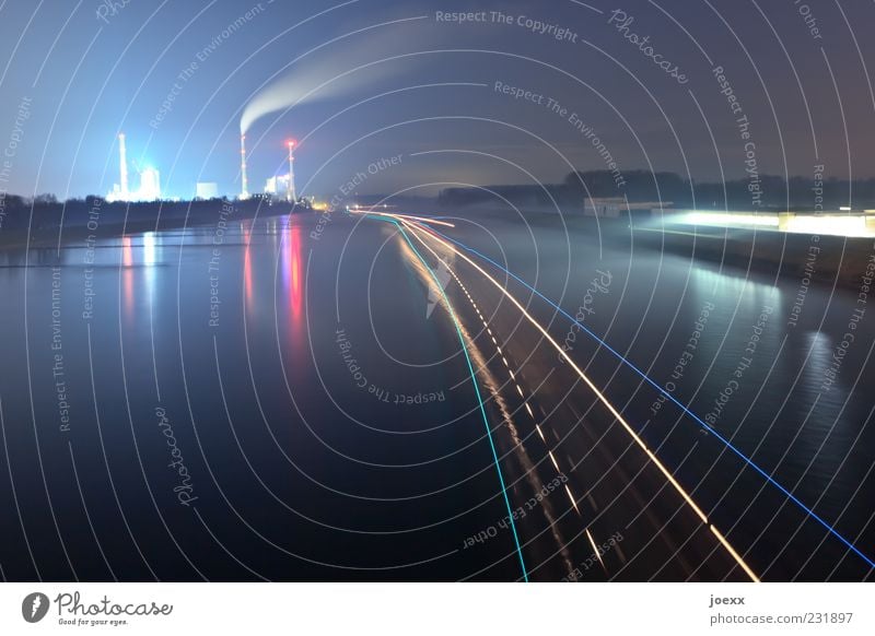 power supply Water Night sky Industrial plant Factory Inland navigation Driving Energy Colour photo Multicoloured Exterior shot Deserted Copy Space left