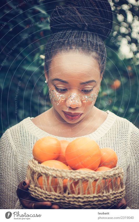 Beautiful woman with orange basket Fruit Nutrition Eating Breakfast Lunch Organic produce Vegetarian diet Diet Slow food Orange Lifestyle Hair and hairstyles