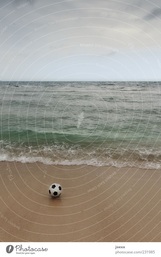 beach ball Nature Clouds Horizon Summer Bad weather Beach Ocean Round Blue Brown Black White Sandy beach Colour photo Exterior shot Deserted Copy Space top