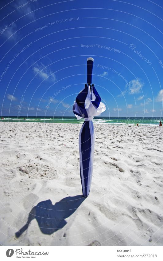 parasol Swimming & Bathing Summer Summer vacation Sun Sunbathing Beach Ocean Waves Sand Water Sky Clouds Horizon Coast Umbrella Stand Hot Bright Thin Dry Blue