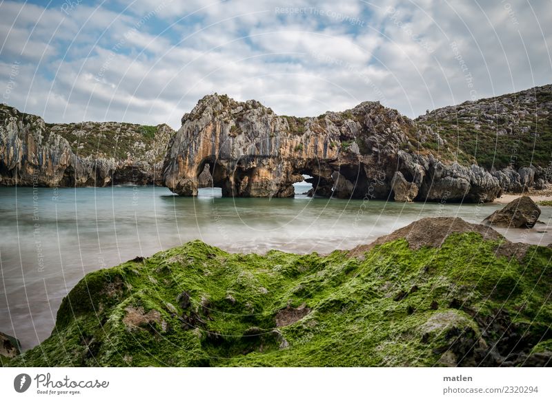 Asturian coast Landscape Plant Summer Hill Rock Coast Beach Bay Reef Ocean Deserted Maritime Natural Brown Gray Green White Colour photo Exterior shot