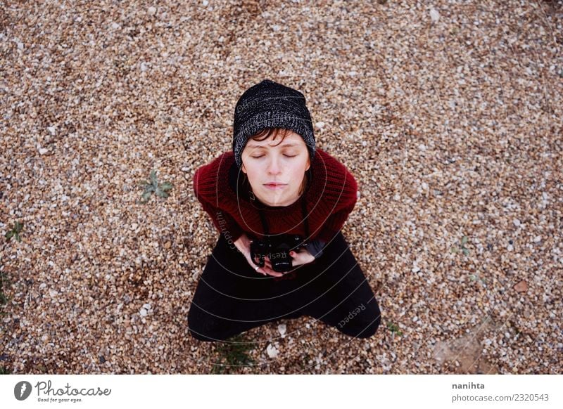 High view of a young woman meditating Lifestyle Style Wellness Harmonious Relaxation Calm Meditation Human being Feminine Androgynous Young woman