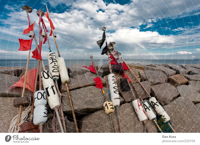 We'll do it with the flags! Water Sky Clouds Summer Climate Weather Baltic Sea Authentic Simple Blue Red Flag Styrofoam Cloud cover Rubble Coast Colour photo