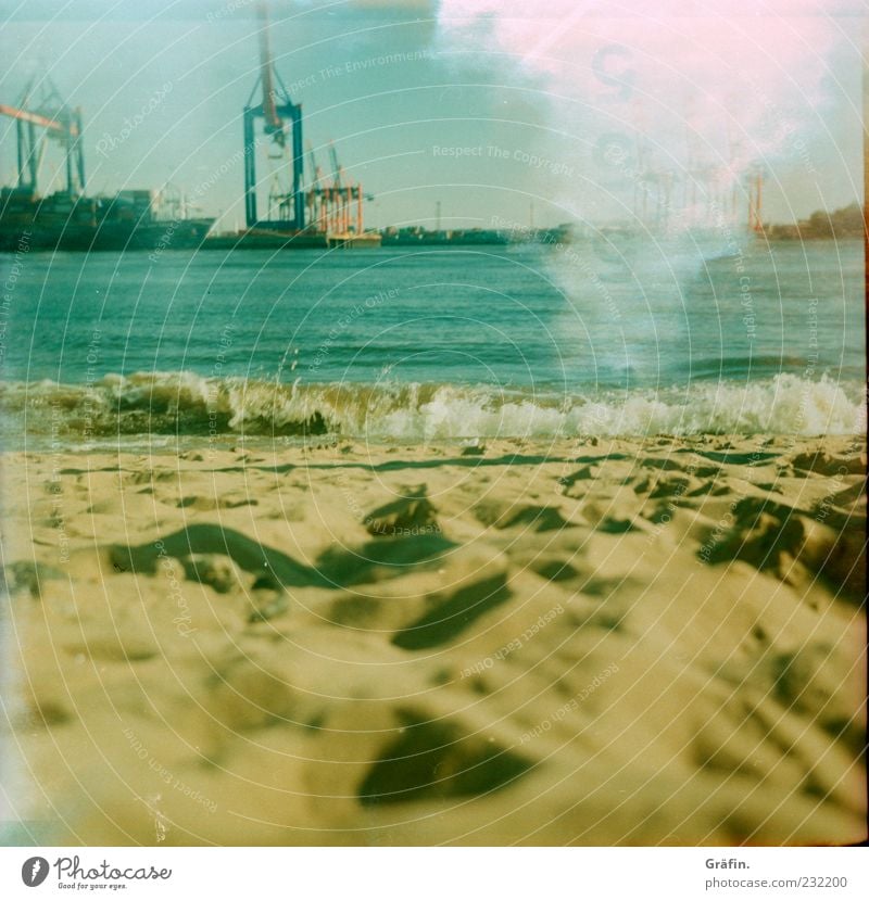 beach Relaxation Summer Sun Beach Waves Industry Sand Water Sunlight River bank Hamburg Harbour Blue Yellow Break Crane Elbe Light leak Analog Colour photo